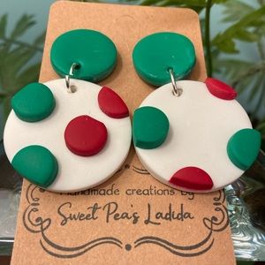 Red and Green polka dot dangle earrings with Green studs.